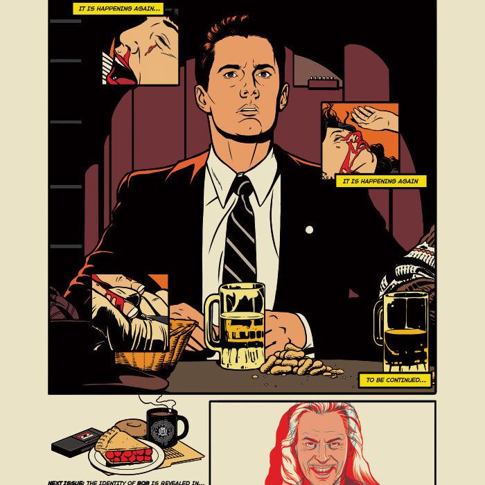 A comic-style illustration by Matthew Skiff depicts a man with coffee, pie, and peanuts at a table. Inset panels reveal ominous faces with It is happening again... and To be continued.... The text below asks, Who Killed Laura Palmer? Ideal for screenprint fans.