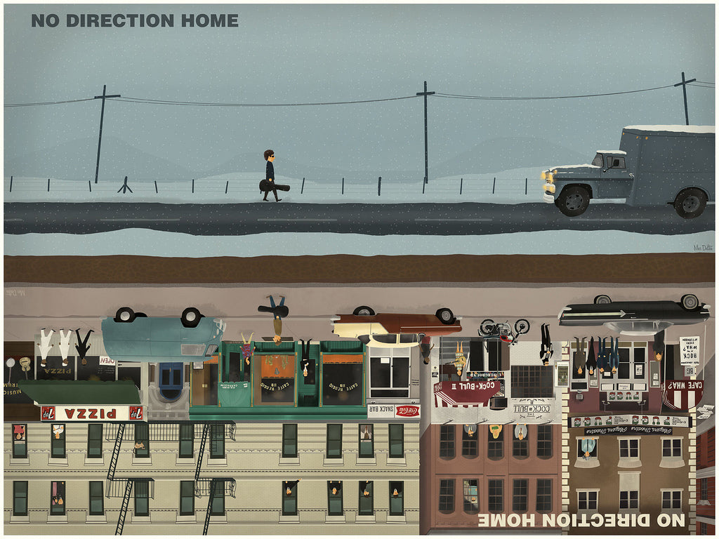 A solitary figure walks on a snowy road by an overturned truck. Below lies an upside-down cityscape featuring quirky spots like a pizza joint. No Direction Home is prominently displayed in this limited edition giclee print, capturing surreal essence and endorsed by The Film Foundation from Max Dalton.