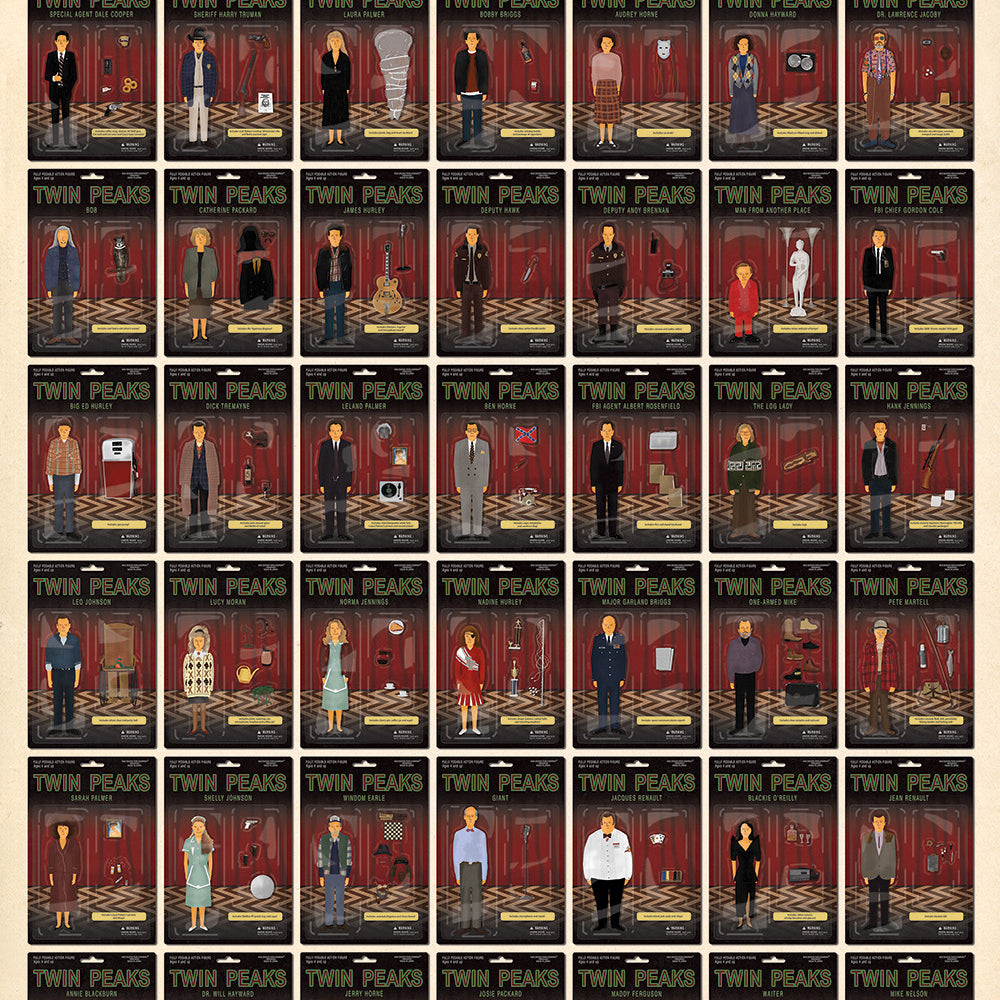 Max Daltons Twin Peaks Action Figure Collection features expertly illustrated action figures in a fine art giclee style, each standing against a red curtain and adorned with iconic accessories.