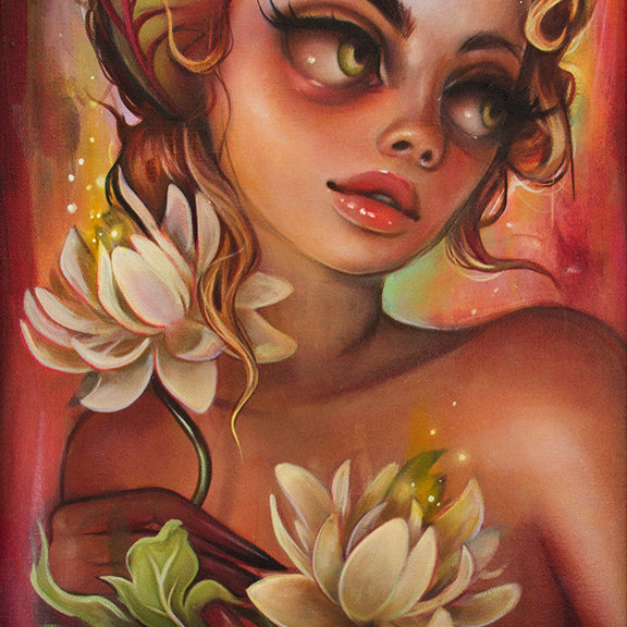 A digital painting titled Menina Naia by Tatiana Suarez features a whimsical woman with large eyes and curly hair, holding two white flowers. Her leaf-adorned hair embodies Suarezs style, while warm tones of red, pink, and orange in the background create a dreamy atmosphere.