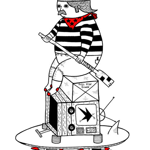 Michael C. Hsiungs black-and-white illustration features a person in a striped shirt, red scarf, and beanie sitting on a TV with THIS SIDE DOWN on a skateboard. Drawn with pen on paper, the figure wields an axe and wears red shoes amidst whimsical elements.