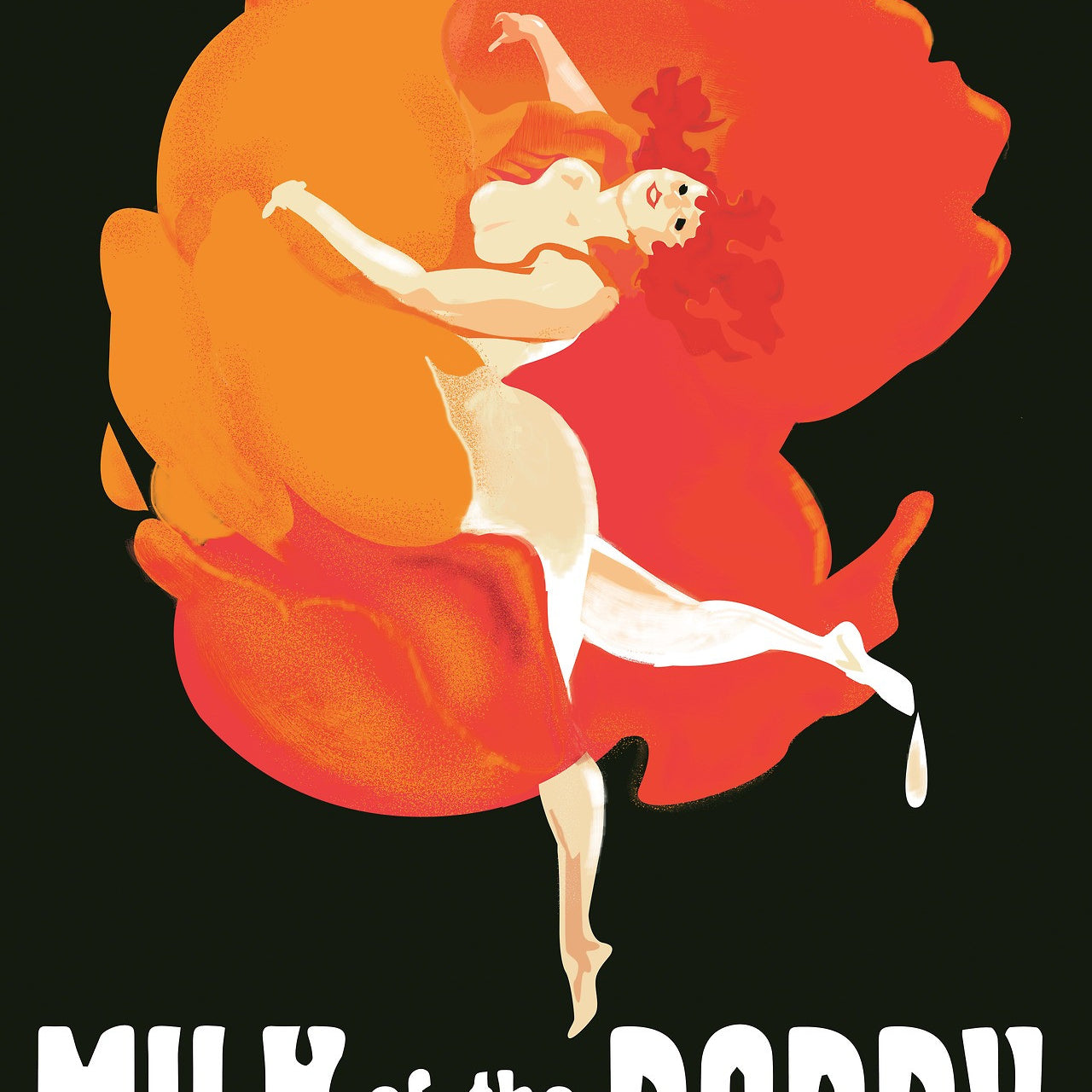 This fine art lithograph by Fernando Reza showcases a graceful dancer entwined with vibrant orange and red poppy petals on a dark background. Featuring the phrase Milk of the Poppy in bold, stylized lettering, its perfect for custom framing.