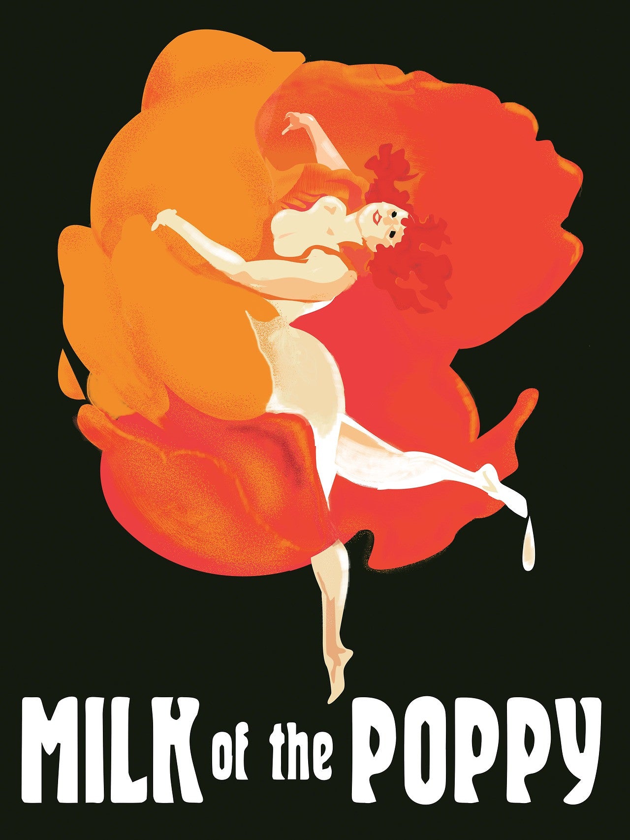 This fine art lithograph by Fernando Reza showcases a graceful dancer entwined with vibrant orange and red poppy petals on a dark background. Featuring the phrase Milk of the Poppy in bold, stylized lettering, its perfect for custom framing.