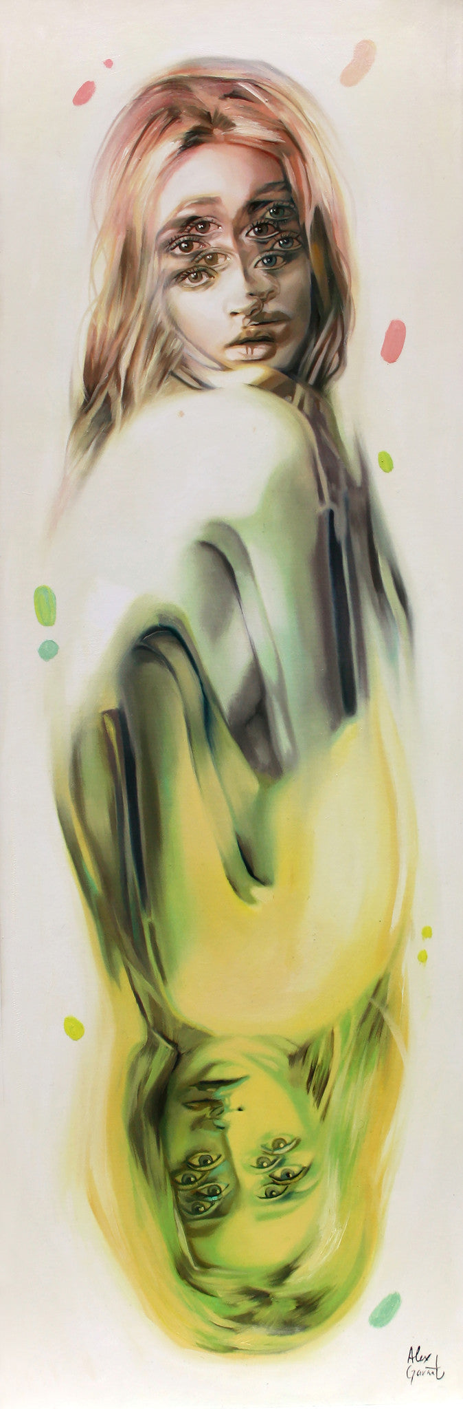 Alex Garants framed abstract oil on canvas portrays a womans mirrored upper body, layered for dreamlike distortion in soft green, yellow, and pink hues.