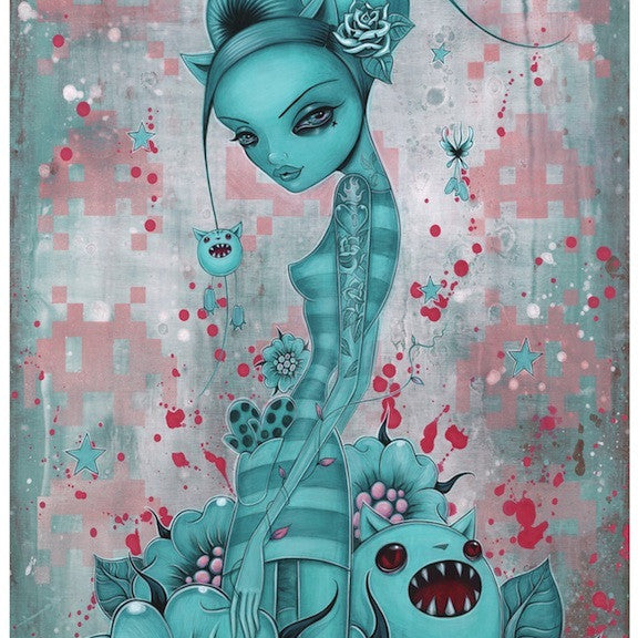 A stylized artwork by Caia Koopman features a blue-toned woman with intricate tattoos, surrounded by large abstract flowers and cartoonish creatures. Pink splashes and geometric patterns enhance the whimsical scene. This limited edition fine art giclee print is signed and numbered.