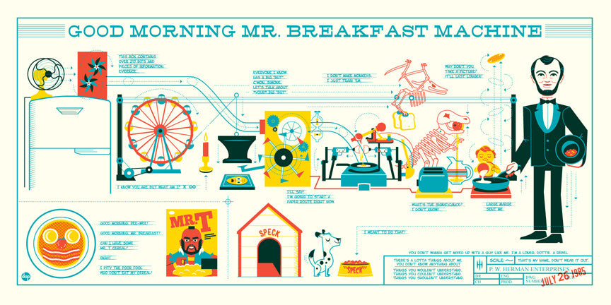 Dave Perillos Good Morning Mr. Breakfast Machine is a whimsical screen print of a Rube Goldberg machine with humorous labels and arrows, featuring a refrigerator, pulleys, spinning wheel, coffee, skeleton, and phonograph ready for custom framing.