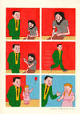 Joan Cornellà comic strip: A suited man aids in an injection, detaches his lower arm, gifts it to a girl with a red balloon who smiles while holding the arm. This dark humor is captured as a fine art giclee print.