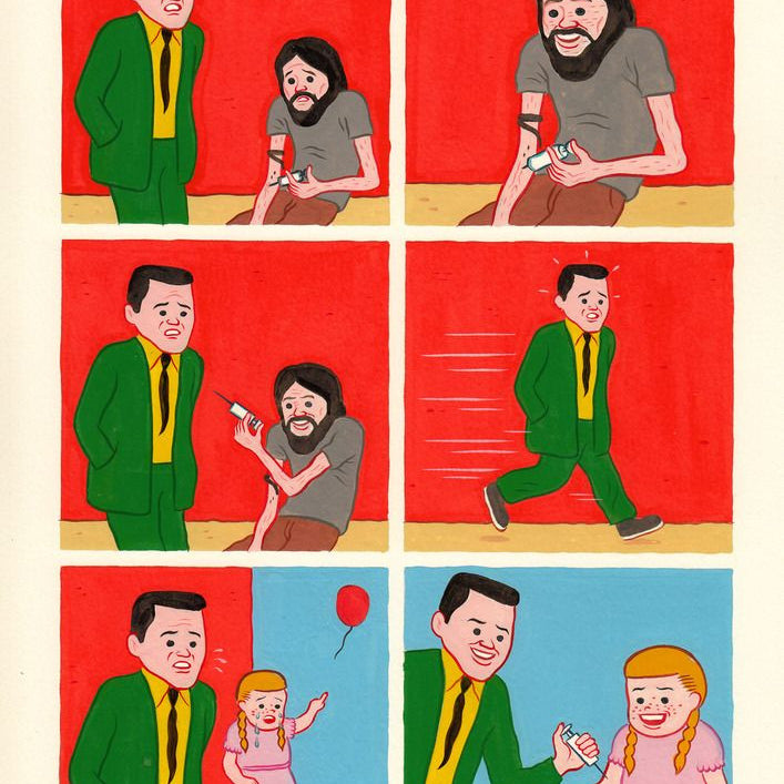 Joan Cornellà comic strip: A suited man aids in an injection, detaches his lower arm, gifts it to a girl with a red balloon who smiles while holding the arm. This dark humor is captured as a fine art giclee print.