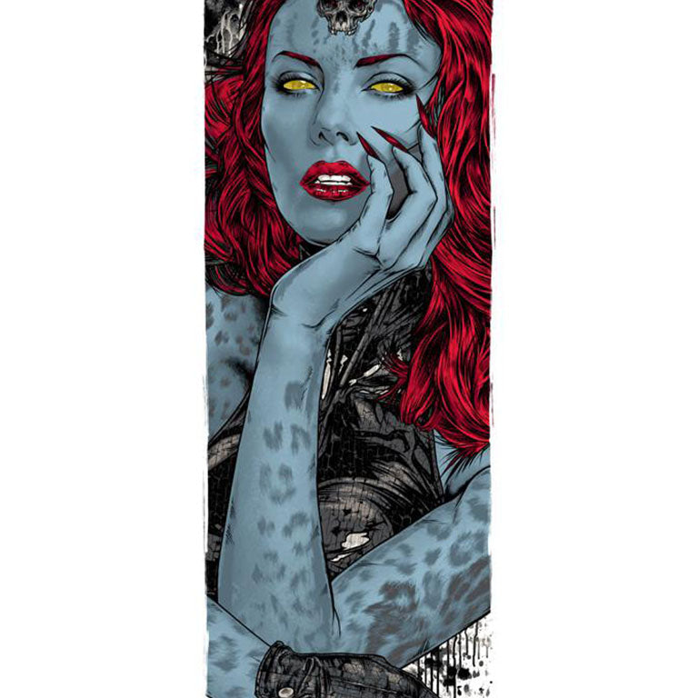 A striking illustration features a blue-skinned woman with piercing yellow eyes and long red hair adorned with a skull. Resting her chin on a gloved hand, she emanates mystery and power in Rhys Cooper’s style, set against a black and white splattered background with a silhouetted raven.