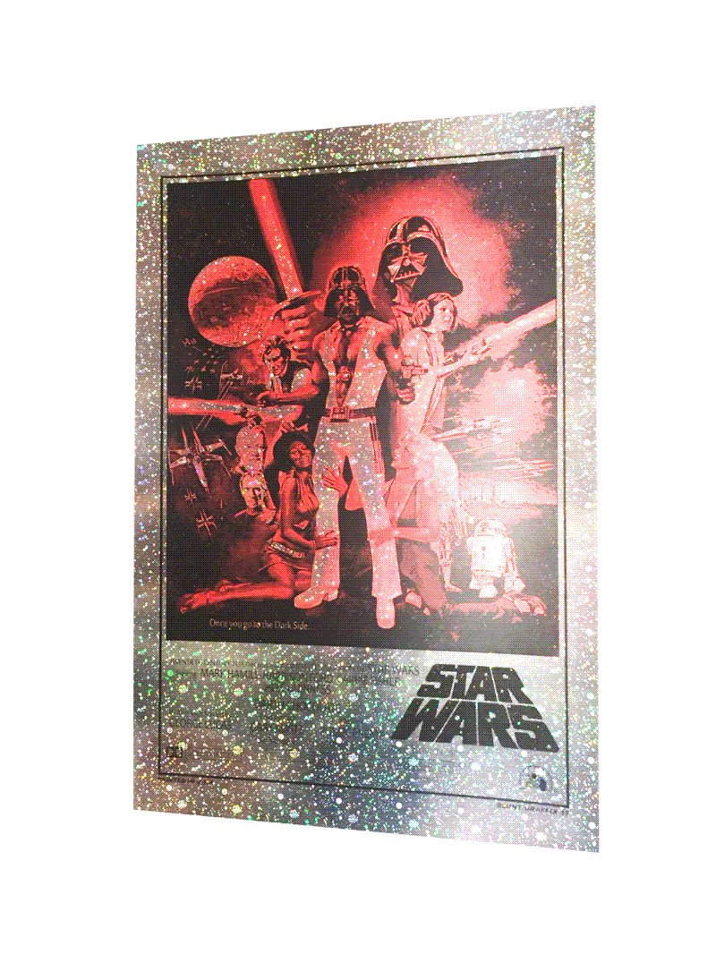 A Matt Dye poster with a glittery foil paper border features Star Wars characters, including a masked figure called Darth Chocolate, set against a space backdrop. The text at the bottom reads STAR WARS.