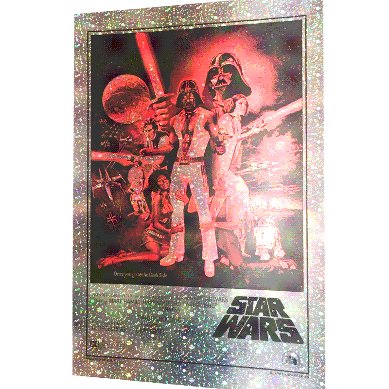 A Matt Dye poster with a glittery foil paper border features Star Wars characters, including a masked figure called Darth Chocolate, set against a space backdrop. The text at the bottom reads STAR WARS.