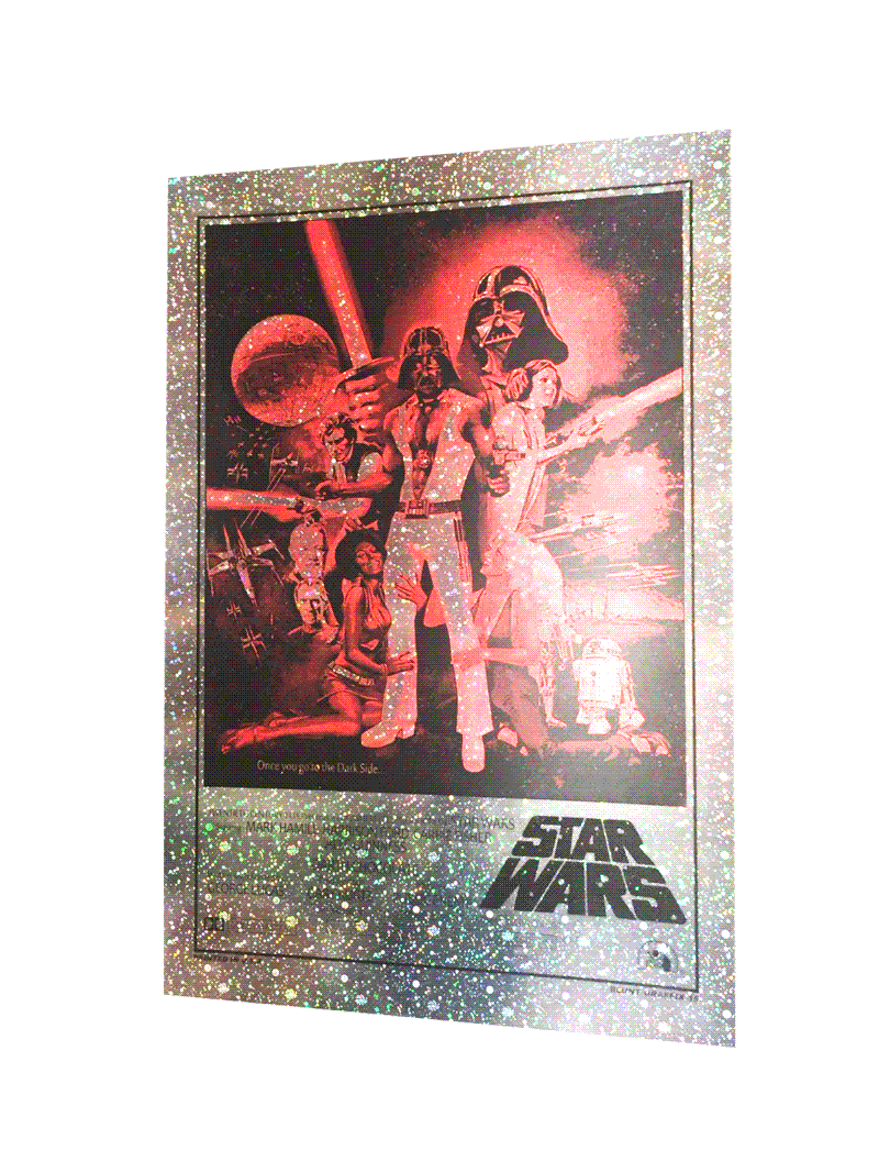 A Matt Dye poster with a glittery foil paper border features Star Wars characters, including a masked figure called Darth Chocolate, set against a space backdrop. The text at the bottom reads STAR WARS.