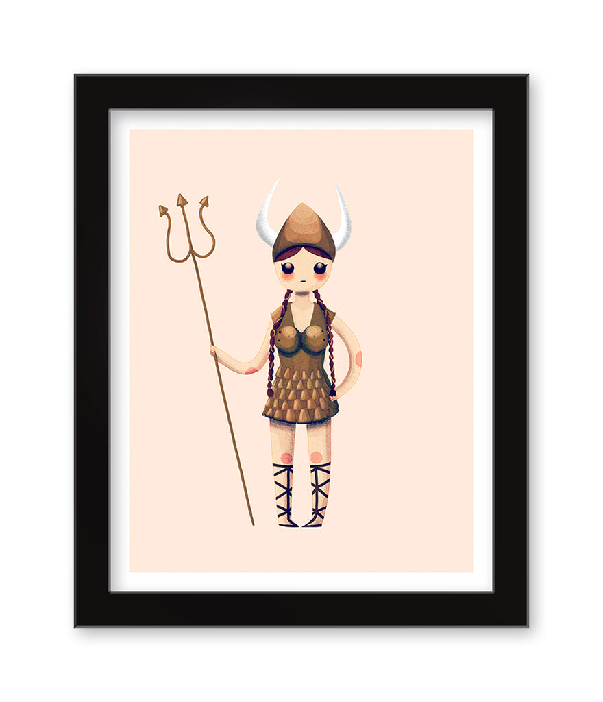 A Nan Lawson illustration features Maude, a cartoon figure in a Viking helmet with horns, braids, a brown tunic, and lace-up sandals, holding a trident. The archival pigment print is elegantly framed with a black border.