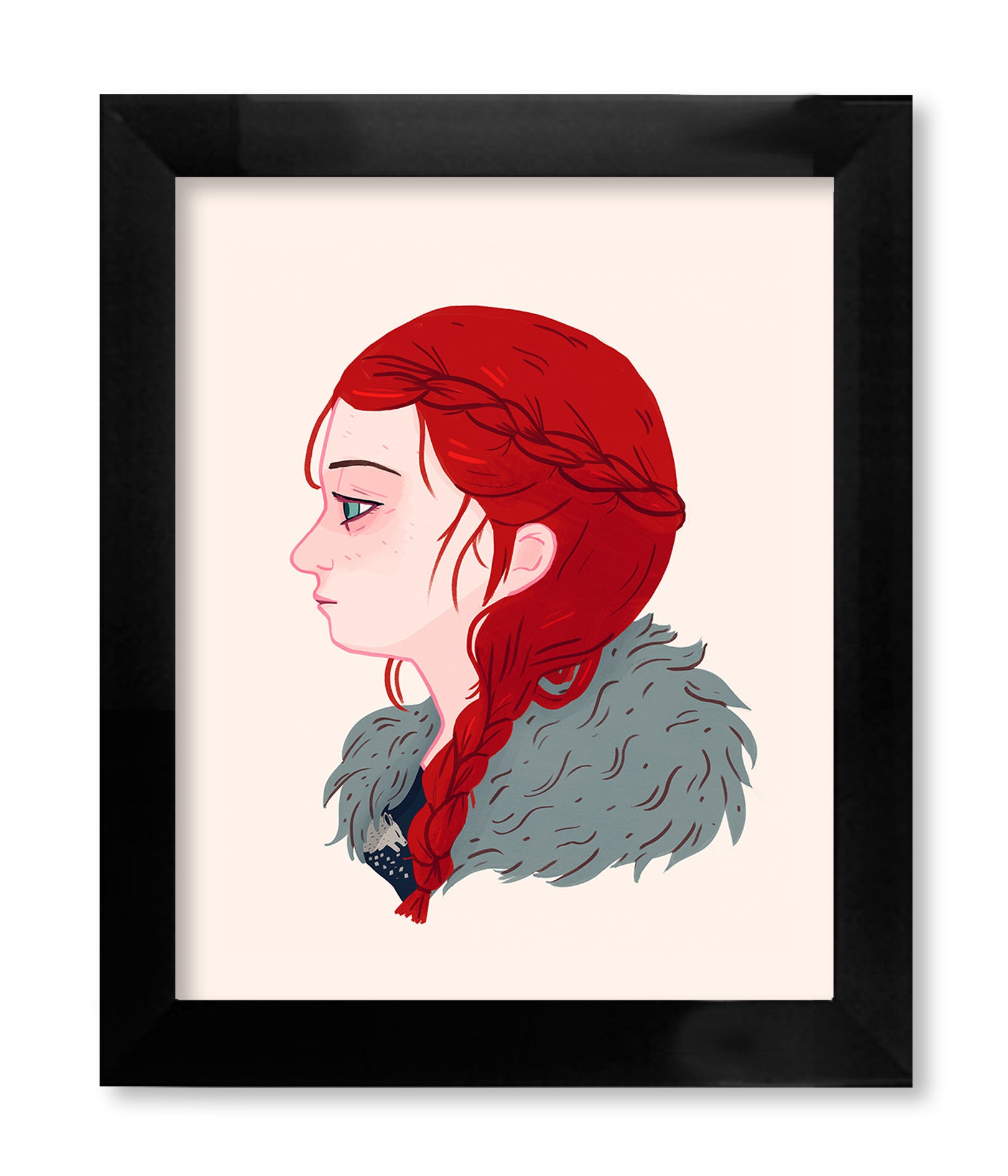 This fine art giclee by Nan Lawson features a framed illustration of a serene woman with braided red hair and a fur-collared garment, reminiscent of George R.R. Martins characters, set against a pale background in side profile.