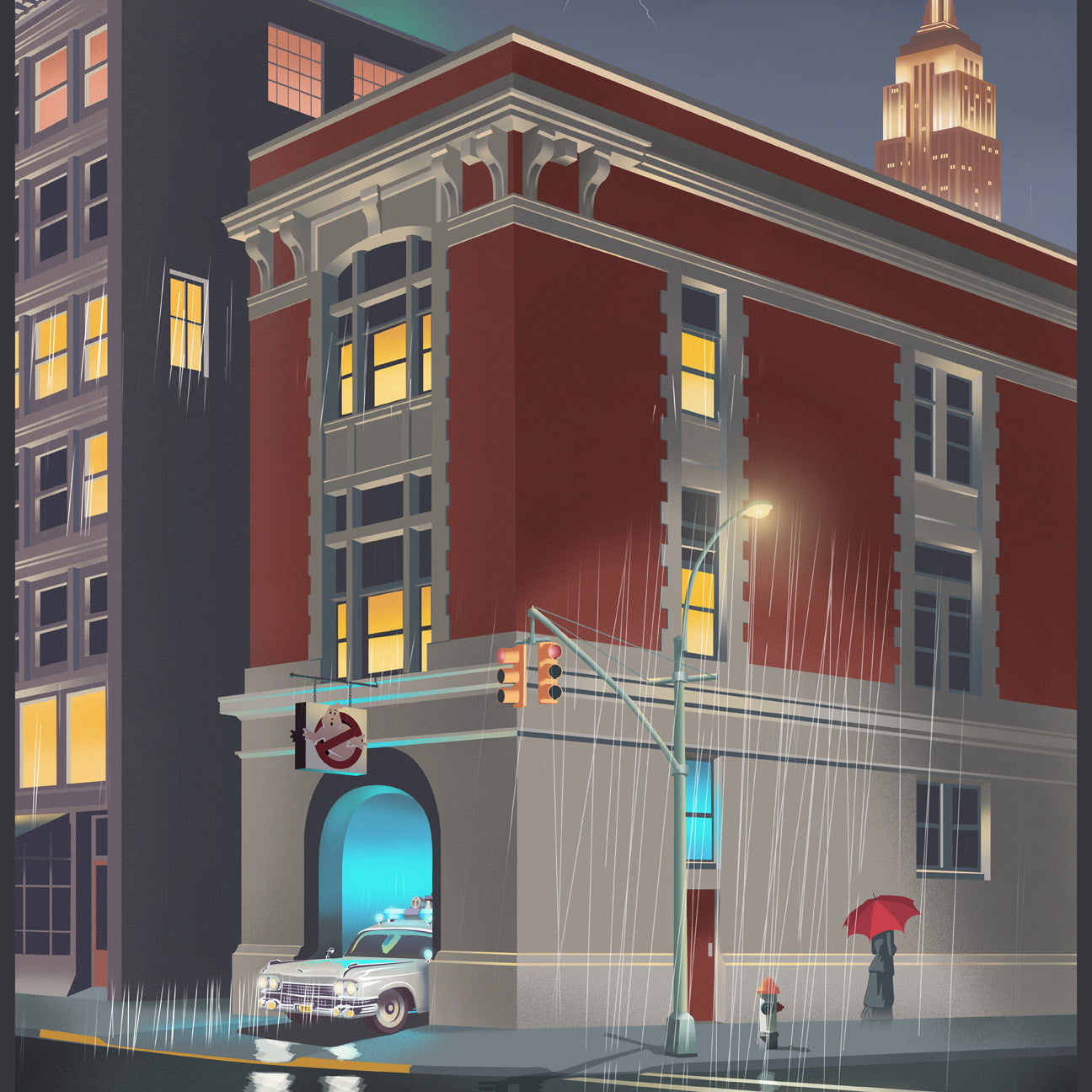 Steve Thomas captures a rainy New York City street at night with a vintage car parked beside a glowing building as a person with an umbrella walks by. The Empire State Building is seen under a lightning sky, available as a limited edition fine art giclee print.