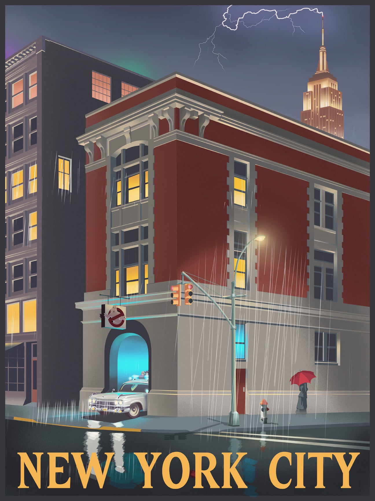 Steve Thomas captures a rainy New York City street at night with a vintage car parked beside a glowing building as a person with an umbrella walks by. The Empire State Building is seen under a lightning sky, available as a limited edition fine art giclee print.