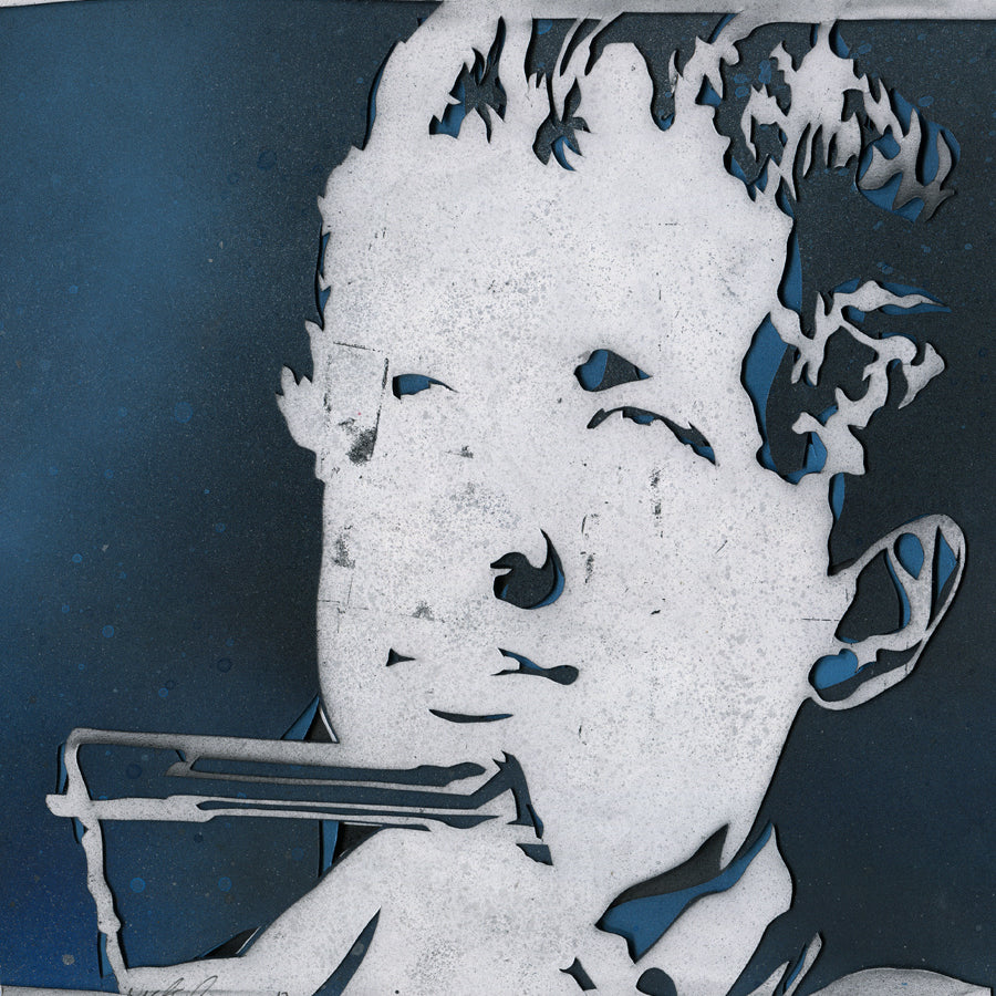 Nick Comparone offers an artistic illustration of a mans face in stencil-like monochrome on a blue background, evoking Blowin in the Wind with hair swept back, eyes closed, and harmonica in hand.