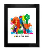 A colorful abstract illustration by Nick Stokes, inspired by The Lord of the Rings, features stylized characters and creatures in vibrant shades. Below, the text Lord of the Coloring appears. This archival pigment print is framed in black, echoing Spoke Art Gallerys distinctive style.