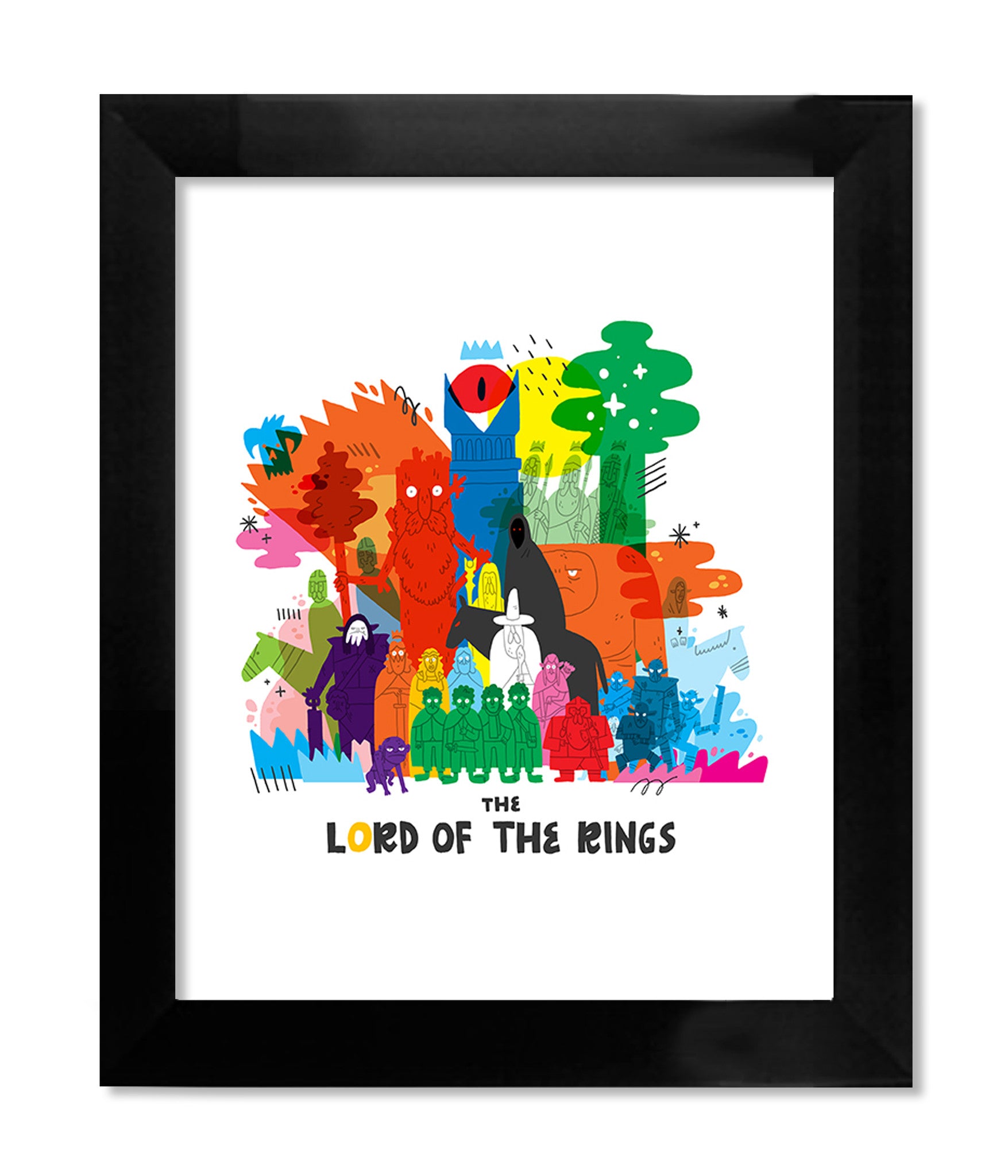 A colorful abstract illustration by Nick Stokes, inspired by The Lord of the Rings, features stylized characters and creatures in vibrant shades. Below, the text Lord of the Coloring appears. This archival pigment print is framed in black, echoing Spoke Art Gallerys distinctive style.