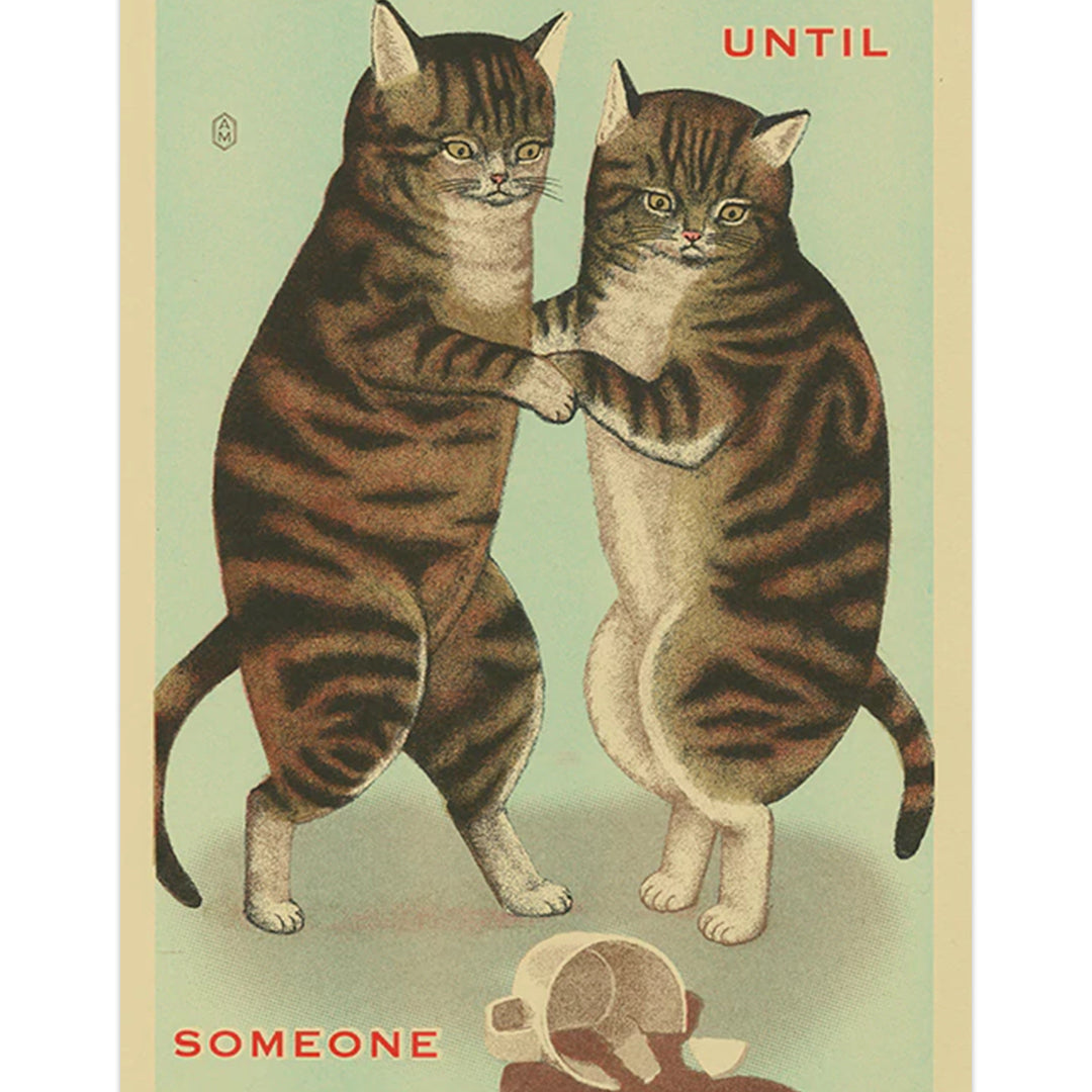 two striped cats holding paws looking down at spilled coffee with text "They decided to wait until someone came home"