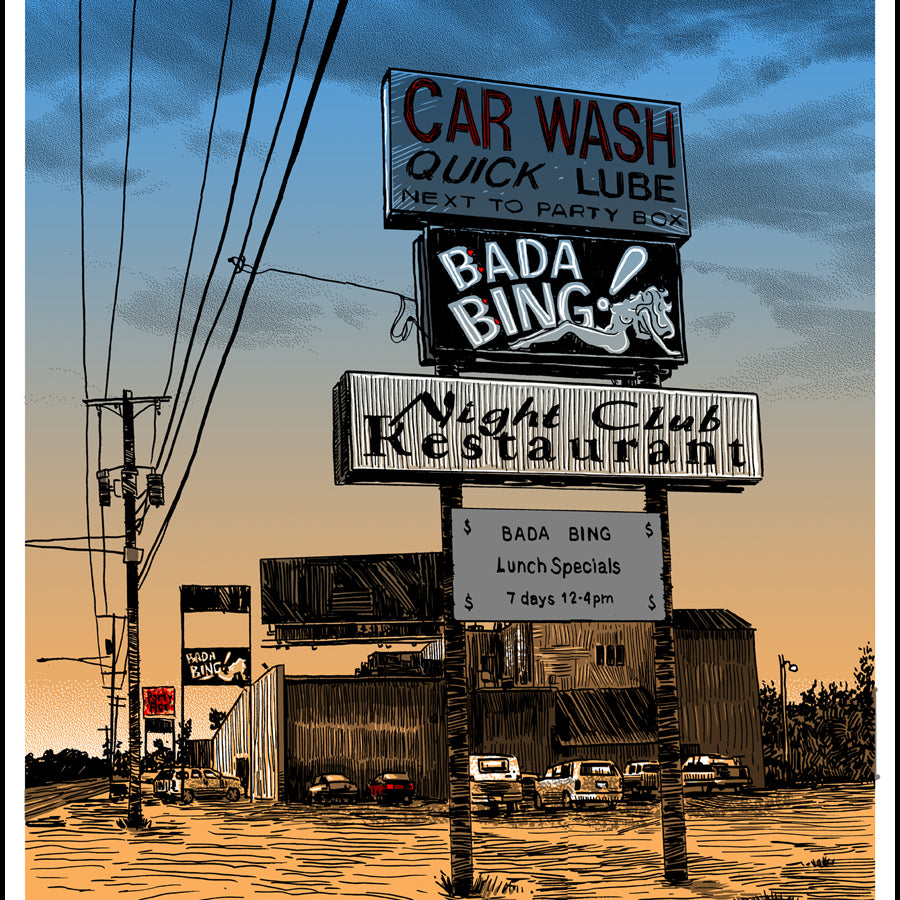 A roadside scene illustration at sunset features power lines and three vintage-style signs, akin to a Tim Doyle screenprint. One sign advertises a car wash, another promotes Bada Bing lunch specials reminiscent of The Sopranos art, all set against a blue and orange sky.
