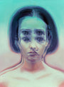 This surreal oil on canvas portrait by Alex Garant depicts a woman with four eyes and two mouths, blending into a pastel backdrop of blue and pink, evoking Nostalgia’s Got The Blues with its dreamlike and mesmerizing distortion on her expressionless face.
