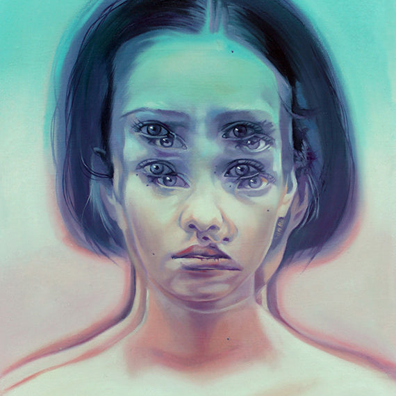 This surreal oil on canvas portrait by Alex Garant depicts a woman with four eyes and two mouths, blending into a pastel backdrop of blue and pink, evoking Nostalgia’s Got The Blues with its dreamlike and mesmerizing distortion on her expressionless face.