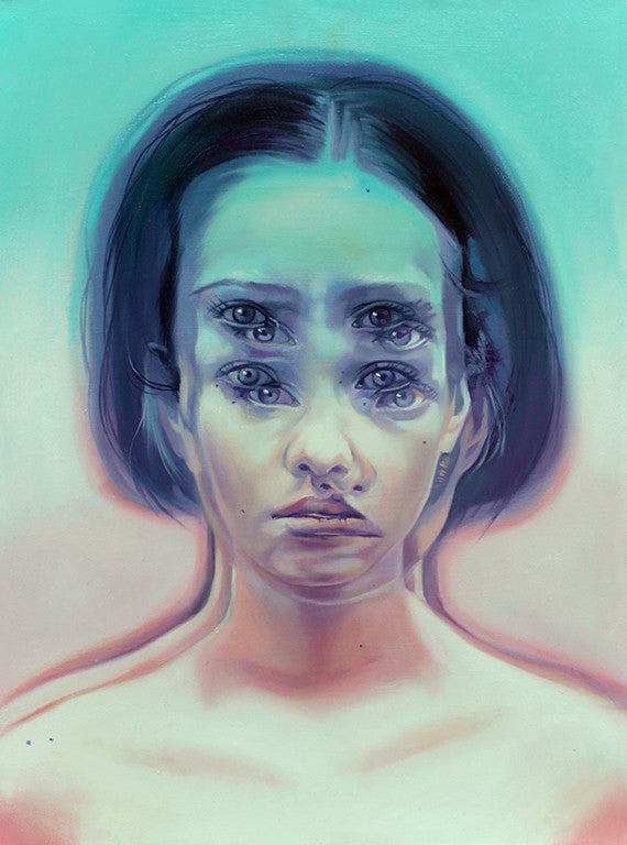 This surreal oil on canvas portrait by Alex Garant depicts a woman with four eyes and two mouths, blending into a pastel backdrop of blue and pink, evoking Nostalgia’s Got The Blues with its dreamlike and mesmerizing distortion on her expressionless face.