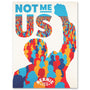 A vibrant poster by Aled Lewis showcases Not Me, Us in colorful silhouettes. At its center, a silhouette with a raised fist contains lively figures, while Bernie 2016 appears below in elegant white text.