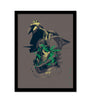 An Oliver Barrett illustration depicts a skeletal knight in a dark, jagged helmet with bright green highlights resembling a menacing beak. Vibrant green accents create a mystical aura around the skull. This fine art giclee print comes custom framed on a plain background.
