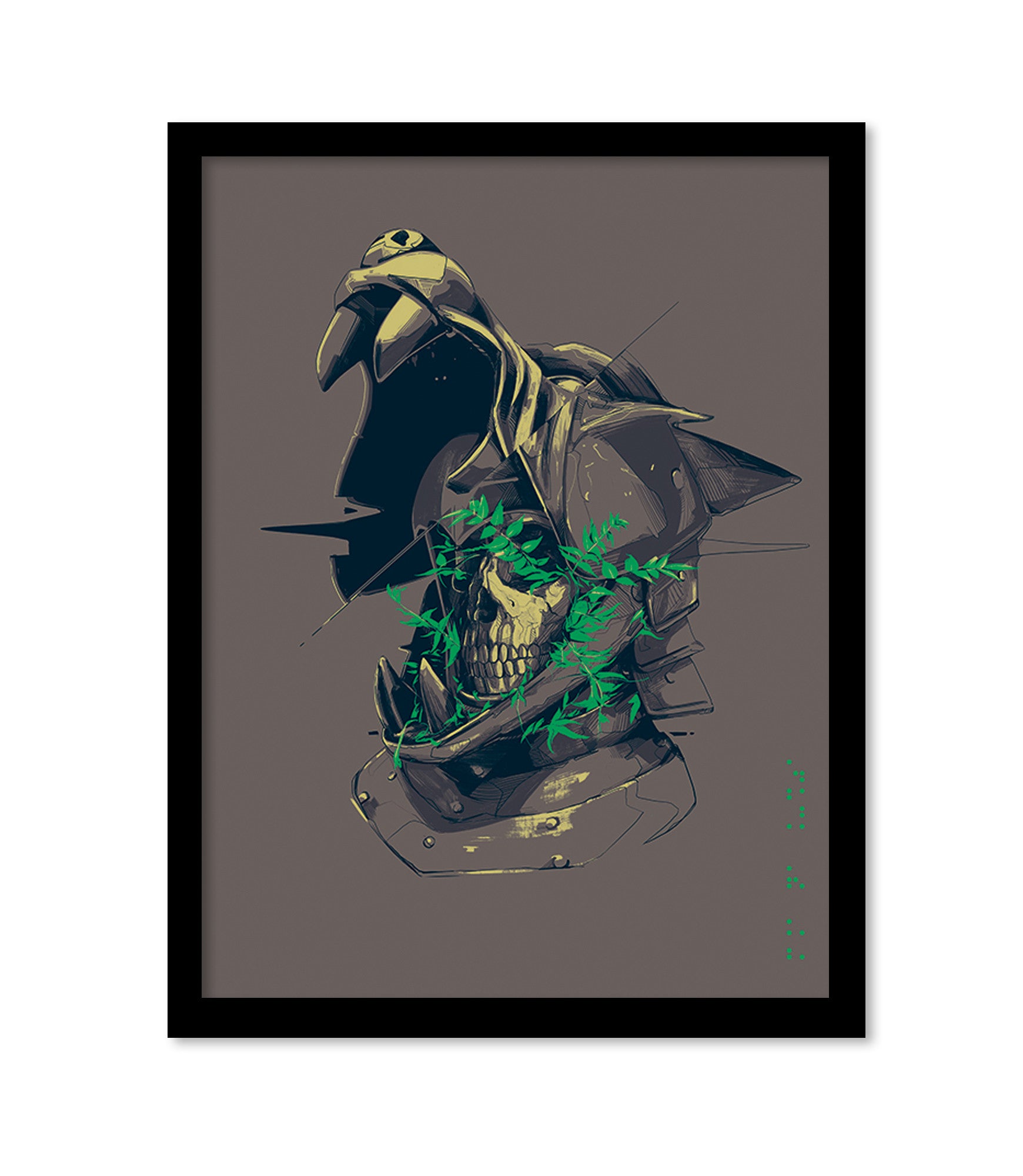 An Oliver Barrett illustration depicts a skeletal knight in a dark, jagged helmet with bright green highlights resembling a menacing beak. Vibrant green accents create a mystical aura around the skull. This fine art giclee print comes custom framed on a plain background.