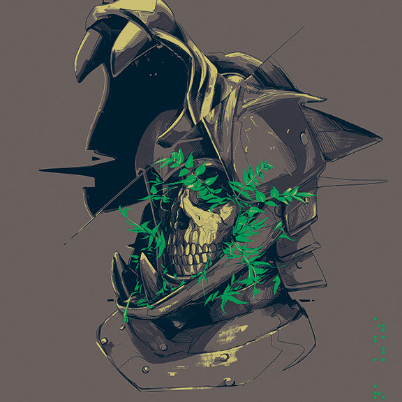 Oliver Barretts digital art piece, available as a fine art giclee print, features a skull in a medieval helmet with an open visor revealing the jaws. Green vines entwine around it, contrasting against the dark background.