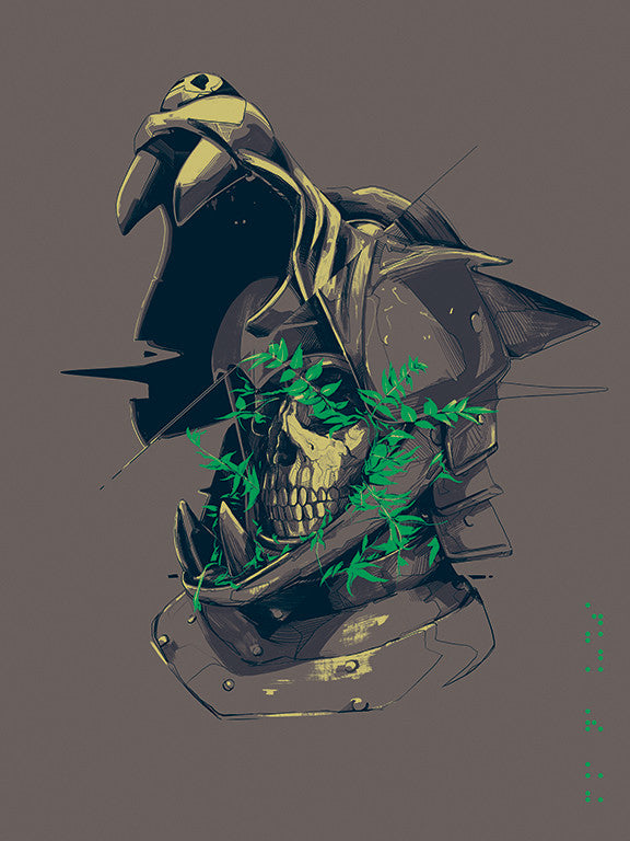 Oliver Barretts digital art piece, available as a fine art giclee print, features a skull in a medieval helmet with an open visor revealing the jaws. Green vines entwine around it, contrasting against the dark background.