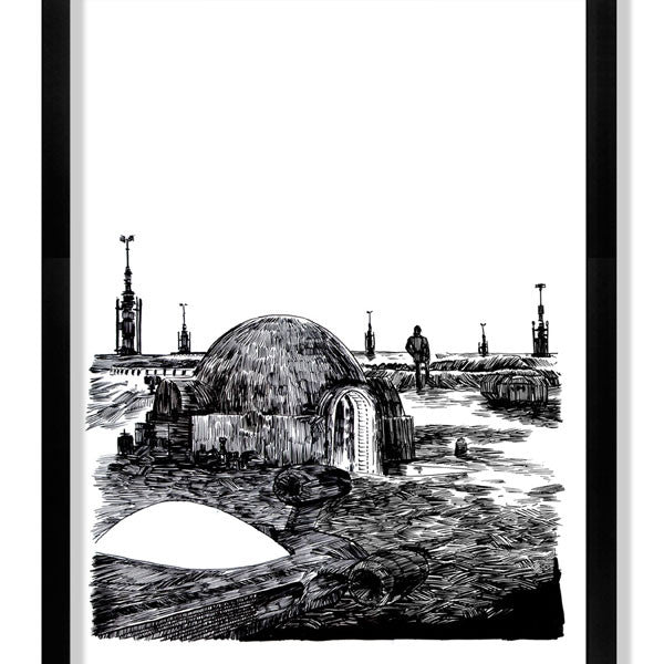 This Tim Doyle-inspired black and white illustration showcases a desert setting with futuristic domes, antennas, and a lone figure. The Saga original drawing is custom framed in black against a stark white backdrop.