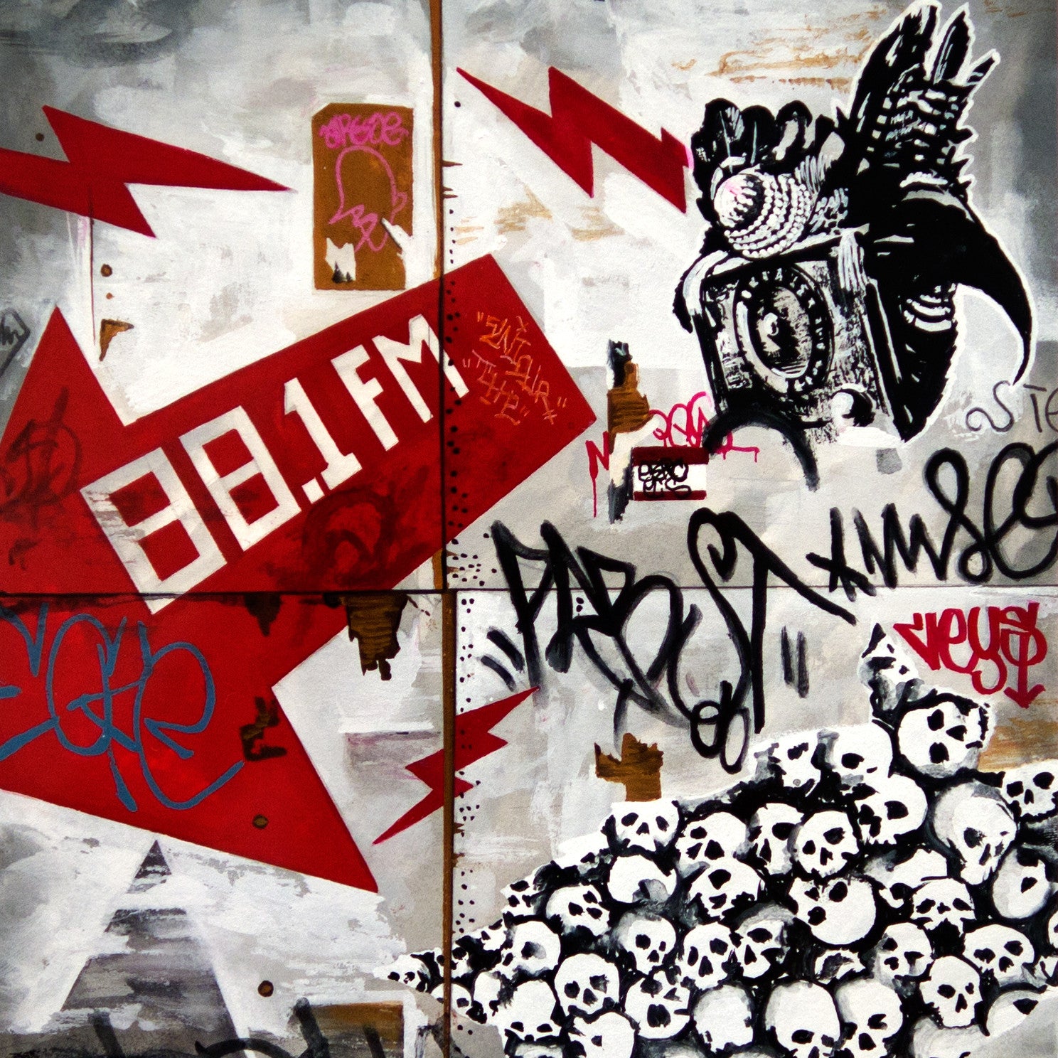 Graffiti art with red lightning bolts, a 88.1 FM radio dial, and a tribal mask is custom framed to enhance its urban edge. In Jessica Hesss style, it features skull clusters among tags and scribbles adding expression layers.