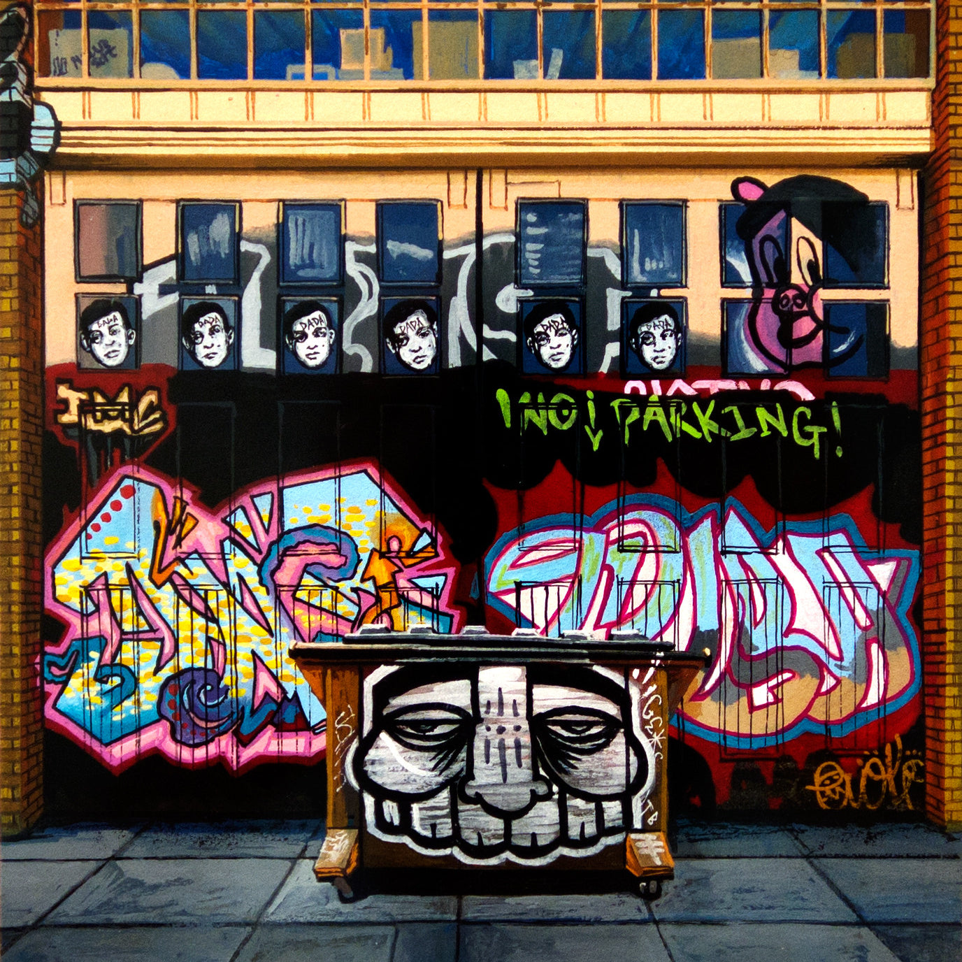 Graffiti artwork on a garage door features stylized faces and vibrant tags in a Jessica Hess style. A wooden table with a painted face is in front, set against brickwork, a large window, and a No Parking sign skillfully integrated into the graffiti scene.