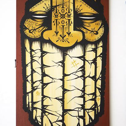GATS offers a stylized acrylic on wood panel painting featuring an abstract mask, intricate black patterns, and geometric shapes on a yellow background. The design highlights a large face with bold symmetrical lines, all presented on a brown rectangular canvas.