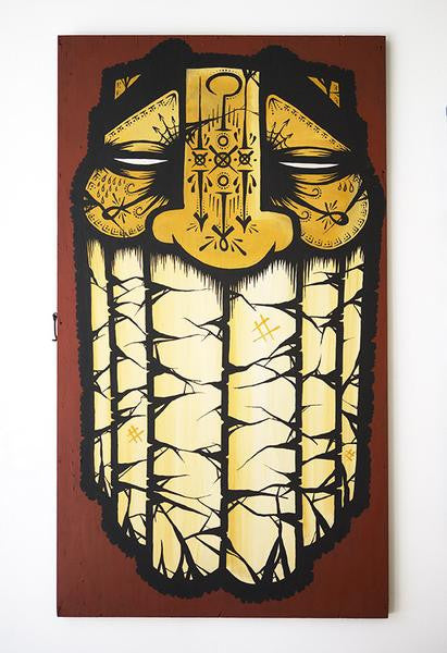 GATS offers a stylized acrylic on wood panel painting featuring an abstract mask, intricate black patterns, and geometric shapes on a yellow background. The design highlights a large face with bold symmetrical lines, all presented on a brown rectangular canvas.