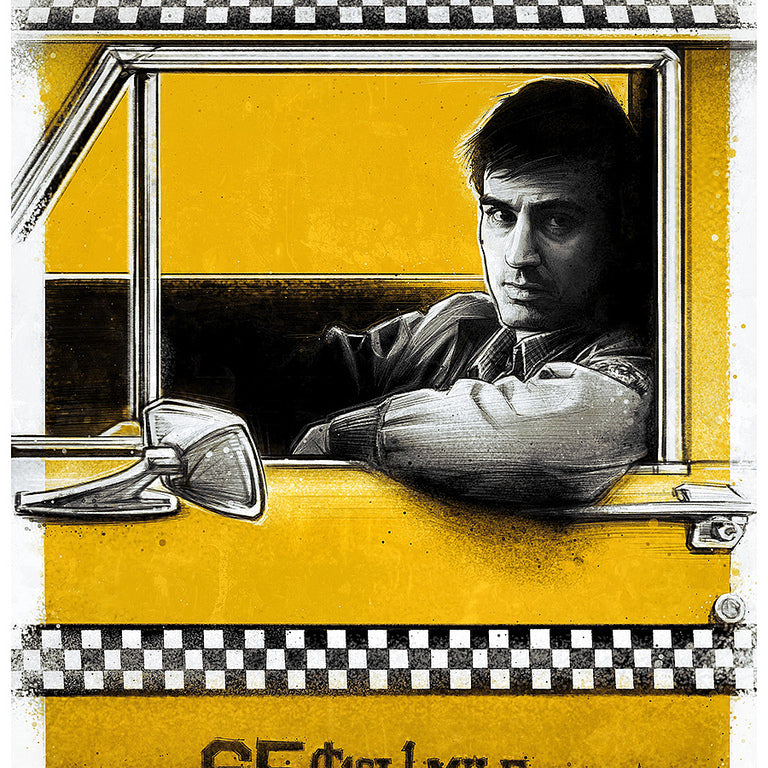 This limited edition Paul Shipper giclee depicts a man in a yellow taxis drivers seat, subtly nodding to the iconic style of Martin Scorseses Taxi Driver. The fare reads 65¢ 1st 1/6 MILE, set against a classic checkered background.