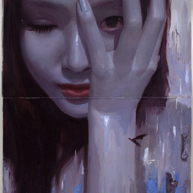 A painting depicts a woman with one eye covered and the other closed, featuring red lips contrasting muted colors. This abstract work by Peter Chan is skillfully crafted on Moleskine.
