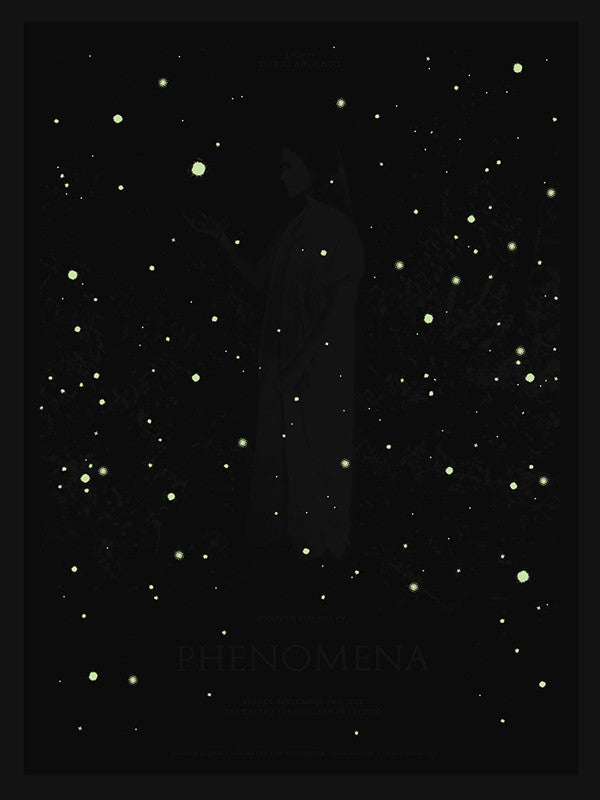 A dark, glow-in-the-dark screen print poster from Sam Smith features a silhouette amidst star-like dots with PHENOMENA subtly at the bottom and faint text, creating a mesmerizing celestial tribute.