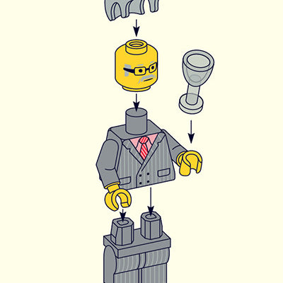 Matt Chases archival pigment print showcases a LEGO figure with a yellow head, glasses, gray hairpiece, and suit with a red tie while holding a goblet. Arrows detail the assembly of each piece in this limited edition masterpiece.