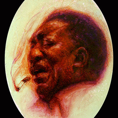 A vibrant Rafael Santiago painting of a person singing passionately with closed eyes, holding a cigarette in their mouth, full of emotion and intensity, is displayed at Spoke Art Gallery. The warm tones and soft gradient background enhance the portraits vividness.