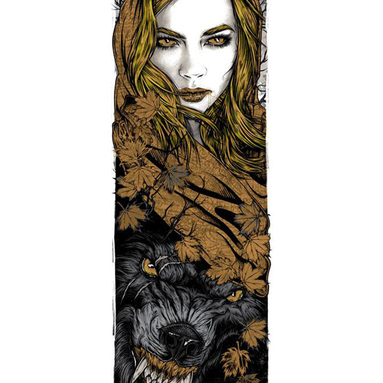 The limited edition artwork by Rhys Cooper features a woman with long hair in a hood, surrounded by autumn leaves, reminiscent of Red Hood. Below her, a fierce wolf with dark fur and sharp teeth snarls. The scene is brought to life through intricate screen print layers.