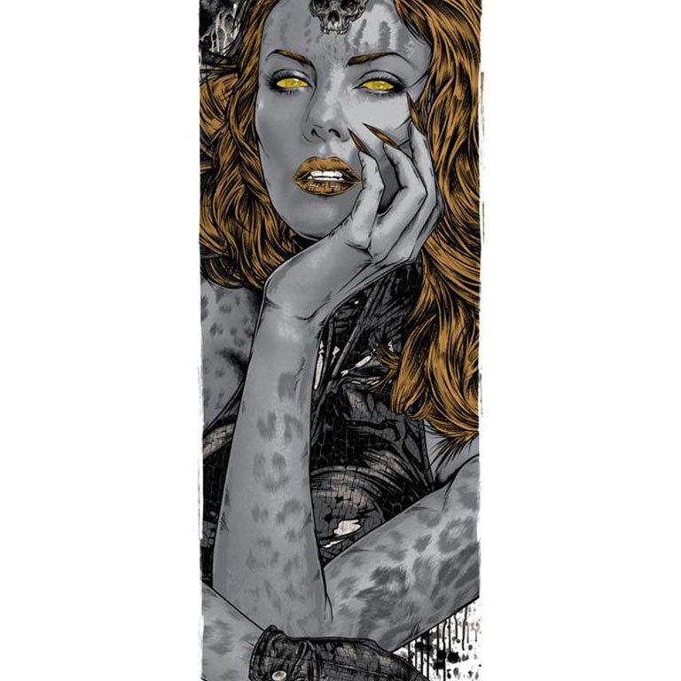 This Rhys Cooper-inspired screen print depicts a woman with gray skin, yellow eyes, vibrant orange hair, and a skull on her forehead. Her head rests on one gloved hand against a backdrop of abstract patterns.