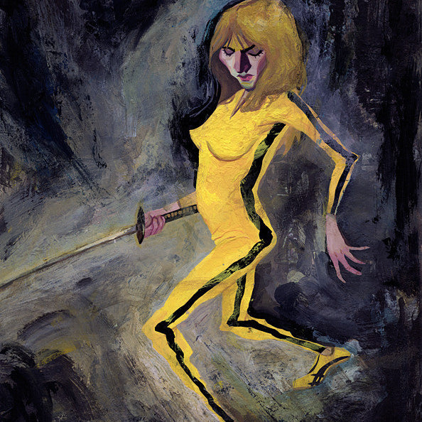This Rich Pellegrino framed artwork features a woman in a yellow jumpsuit with black stripes, holding a sword. Her blonde hair flows dynamically against a dark, abstract background, created in gouache and acrylic to evoke Pellegrinos unique style.