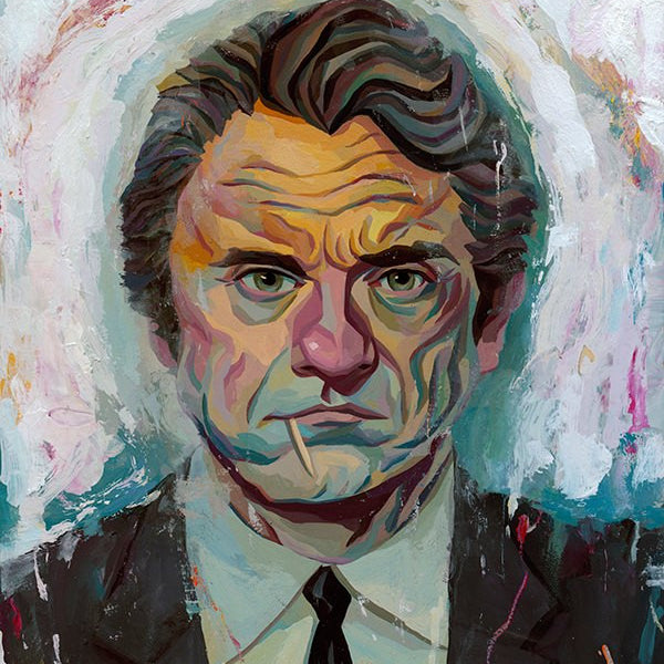 A stylized painting of a man with wavy hair and a serious expression in Rich Pellegrinos style, wearing a suit and tie. Colorful, textured brushstrokes form a vibrant background, capturing the essence of an Acryla Gouache masterpiece.