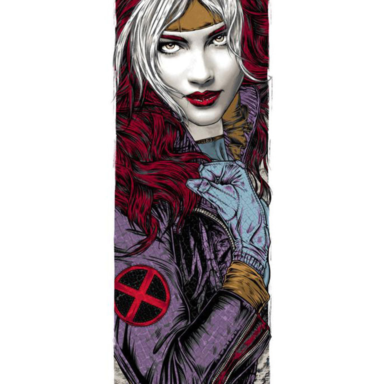 This Rhys Cooper print showcases a woman with red and white hair in a purple jacket featuring an X emblem, striking sideways glancing eyes, and a gloved hand close to her face against a textured background. Its limited to 60 editions.