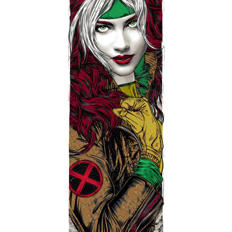 This limited edition screen print by Rhys Cooper showcases a captivating woman with white and red hair, a brown jacket with an X insignia, striking green eyes, red lips, and green attire with matching headband, complemented by yellow gloves. Edition size: 125.