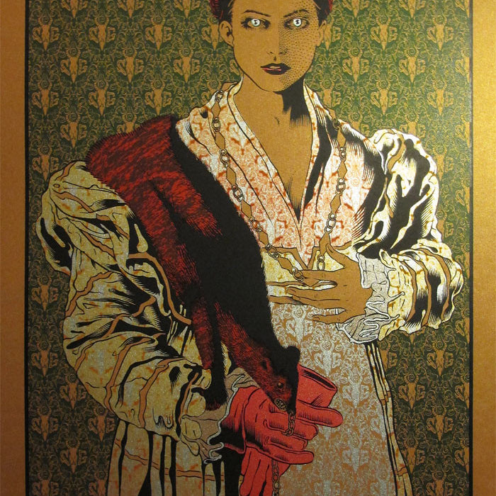 The Chuck Sperry poster features an art nouveau illustration of a woman in vintage attire with red gloves, set against a patterned backdrop. Designed for the February 12, 2013 Soundgarden concert at Fox Theater, Oakland, its printed on bronze metallic paper.